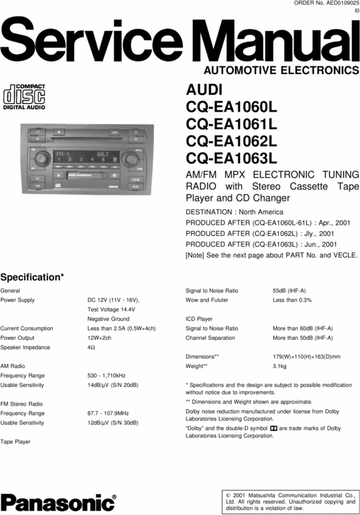 Product picture AUDI CQ-EA1060L CQ-EA1061L CQ-EA1062L CQ-EA1063L SERVICE MAN