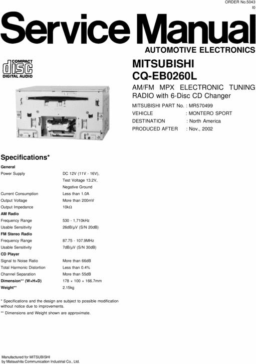 Product picture MITSUBISHI CQ-EB0260L 6-Disc CD Changer SERVICE MANUAL