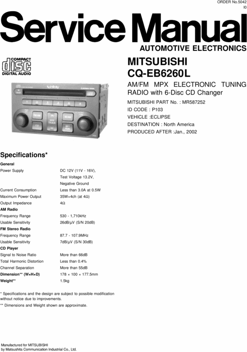 Product picture MITSUBISHI CD HEAD UNIT CQ-EB6260L SERVICE MNAUAL