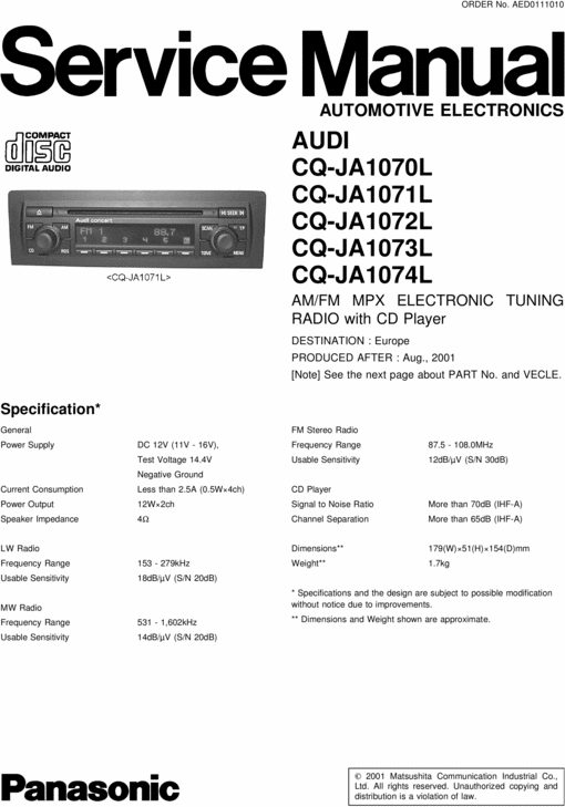 Product picture PANASONIC AUDI AUDI CQ-EA1070L CQ-EA1071L CQ-EA1072L CQ-EA10