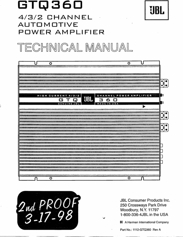 Product picture JBL GTQ360 4 3 2 CHANNEL CAR AMP AMPLIFIER TECHNICAL MANUAL 