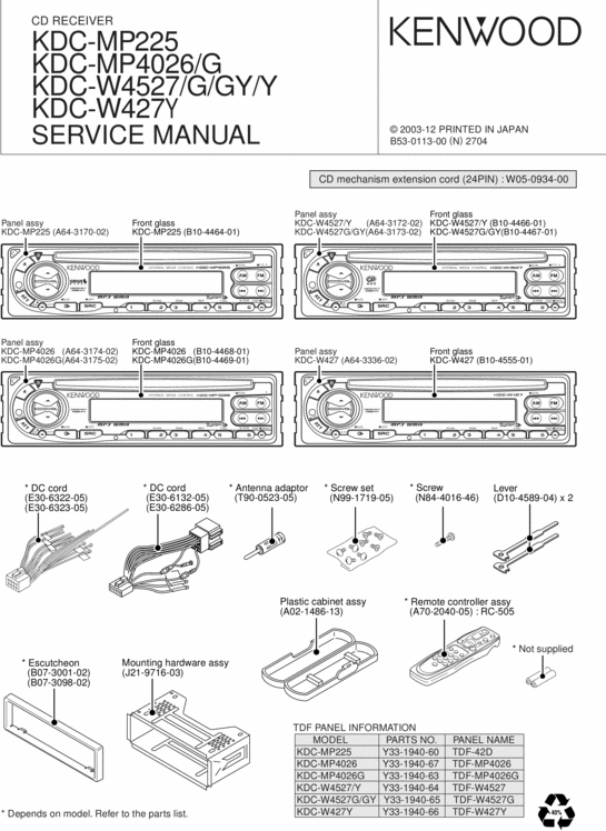Product picture KDC-MP225 KDC-MP4026 KDC-W4527  KDC-W427Y SERVICE MANUAL