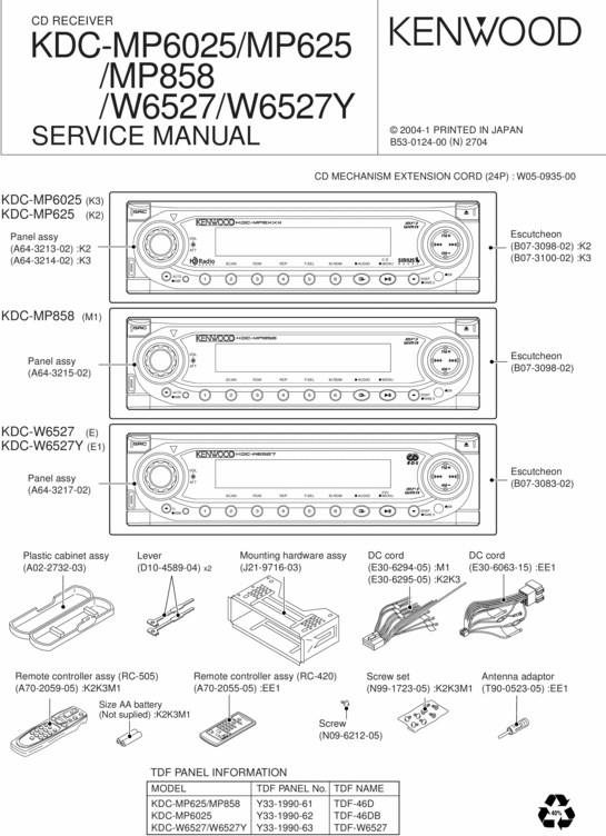 Product picture CD RECEIVER KDC-MP6025 MP625  MP858  W6527 W6527Y SERVICE MA