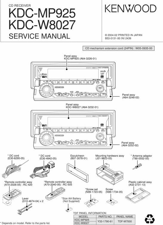 Product picture KENWOOD CD RECEIVER KDC-MP925 KDC-W8027 SERVICE MANUAL