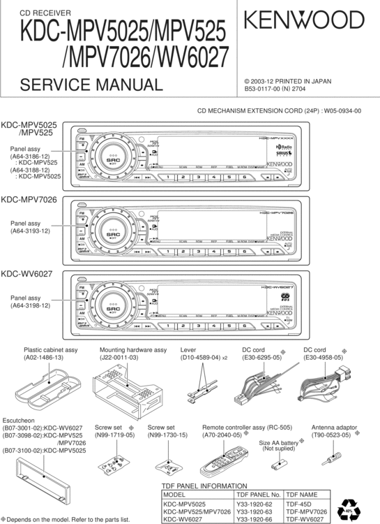 Product picture KENWOOD KDC-MPV5025 MPV525  MPV7026 WV6027 SERVICE MANUAL
