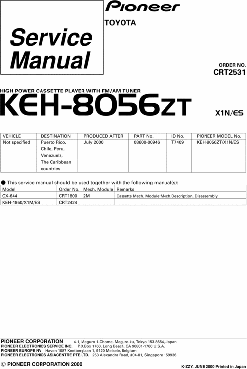 Product picture PIONEER KEH-8056ZT SERVICE MANUAL