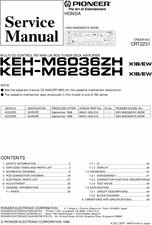Product picture PIONEER KEH-M6036 ZH KEH-M6236  SERVICE MANUAL